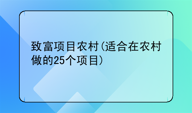 致富项目农村(适合在农村做的25个项目)